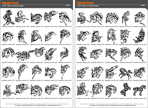 Vignettes Horses. PDF - catalog. Cuttable vector clipart in EPS and AI 