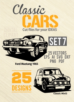 Classic Cars - Cuttable vector clipart in EPS and AI formats. Vectorial Clip art for cutting plotters.