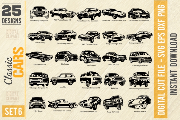 American Muscle Cars - PDF - catalog. Cuttable vector clipart in EPS and AI formats. Vectorial Clip art for cutting plotters.