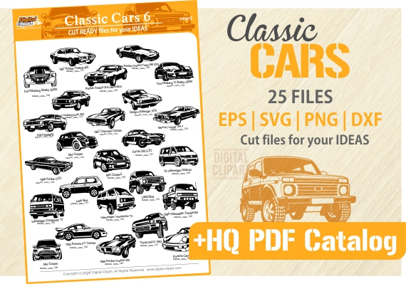 American Muscle Cars - PDF - catalog. Cuttable vector clipart in EPS and AI formats. Vectorial Clip art for cutting plotters.