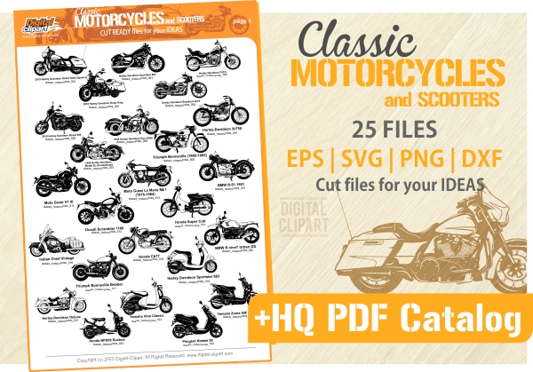 Classic Motorcycles - Cuttable vector clipart in EPS and AI formats. Vectorial Clip art for cutting plotters.