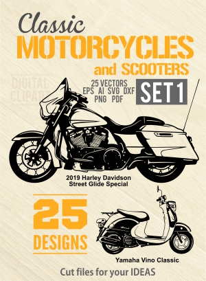 Classic Motorcycles - Cuttable vector clipart in EPS and AI formats. Vectorial Clip art for cutting plotters.