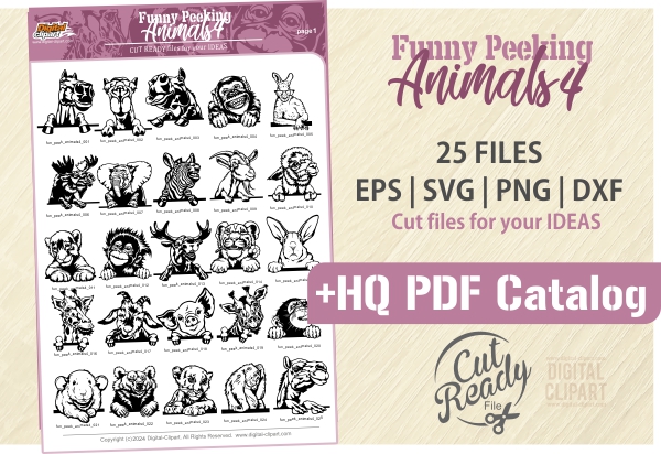 Funny Peeking Animals 4 - PDF - catalog. Cuttable vector clipart in EPS and AI formats. Vectorial Clip art for cutting plotters.