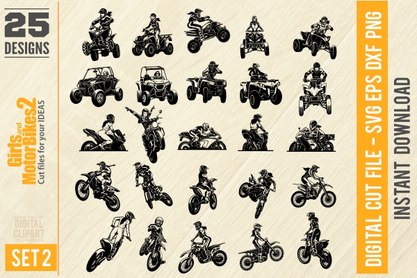 Girls and Bikes2 SVG 25 Cut Files, Bundle Motocross - Cuttable vector clipart in EPS and AI formats. Vectorial Clip art for cutting plotters.